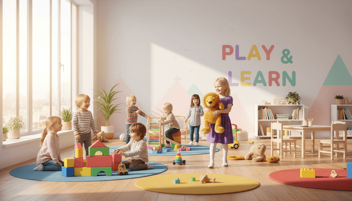 Children playing with colorful toys in a bright, modern daycare room with warm natural light