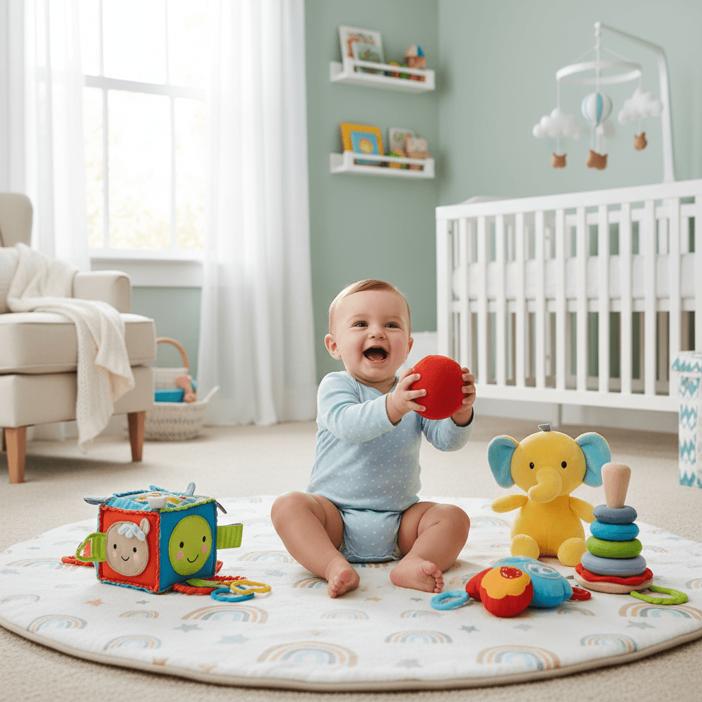 Infant playing with soft toys on a colorful play mat