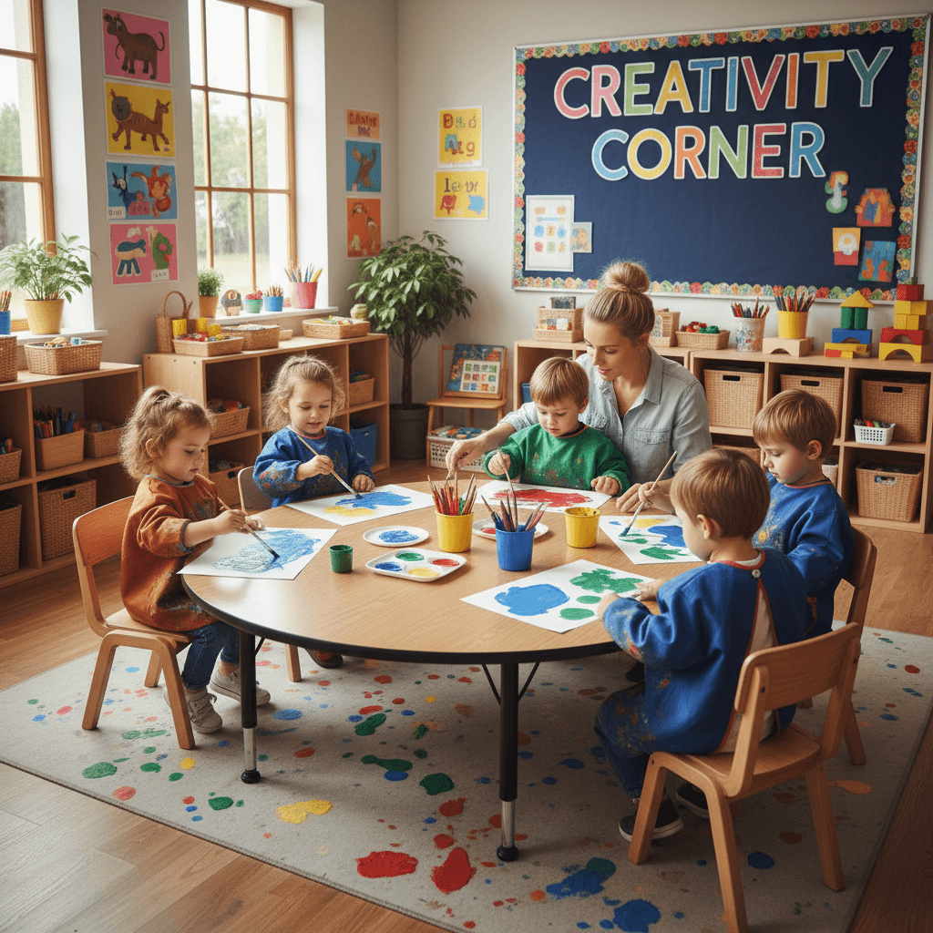Preschoolers painting at a table with their teacher