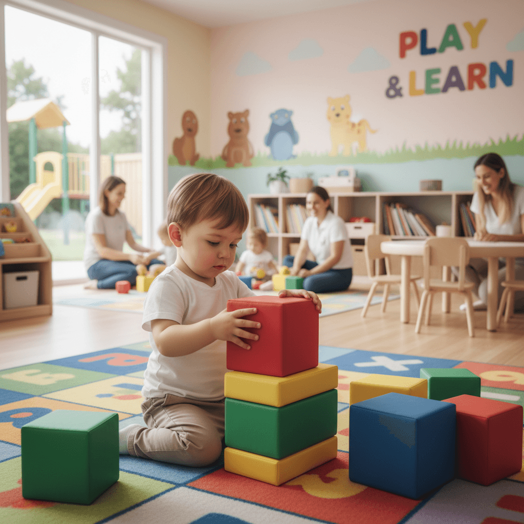 Toddler stacking blocks in a bright playroom