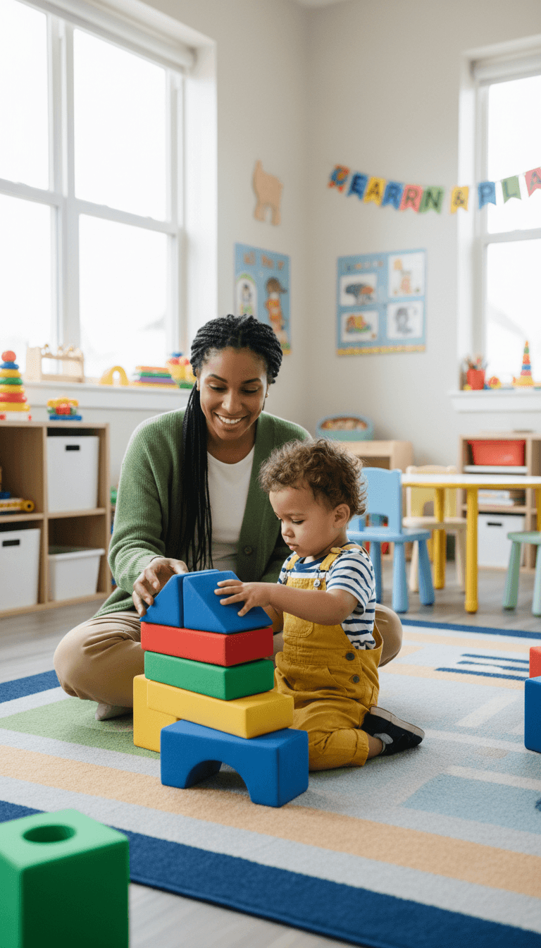 Child playing with blocks in a bright daycare room