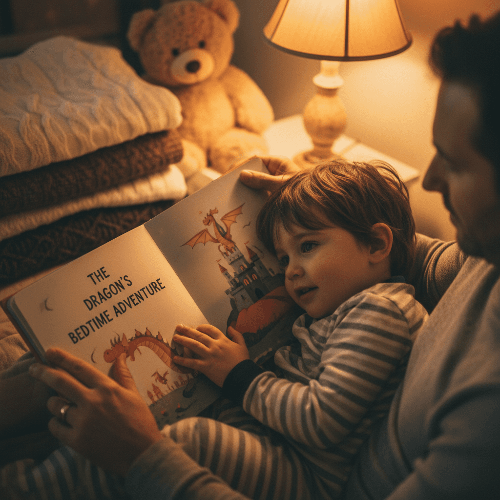 Female caregiver reading a picture book with a young child on her lap