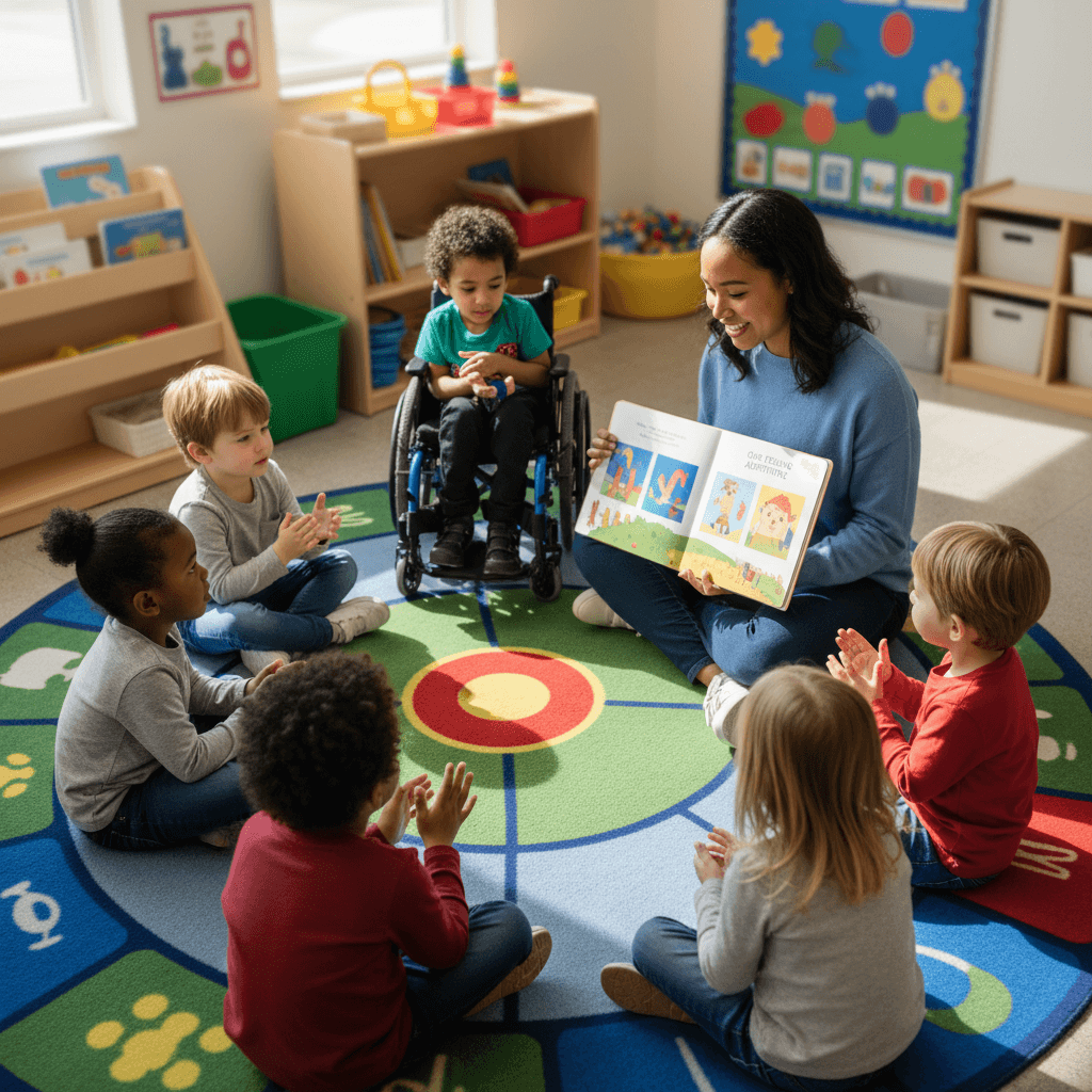 Young children sitting in a circle on a colorful rug, listening to their teacher