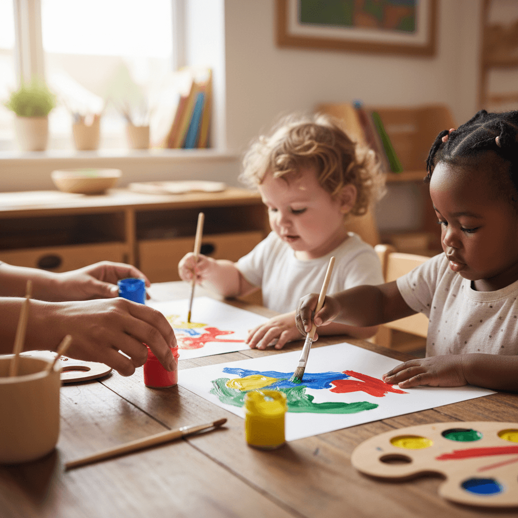 Preschool children painting at a table with a teacher in a daycare art class