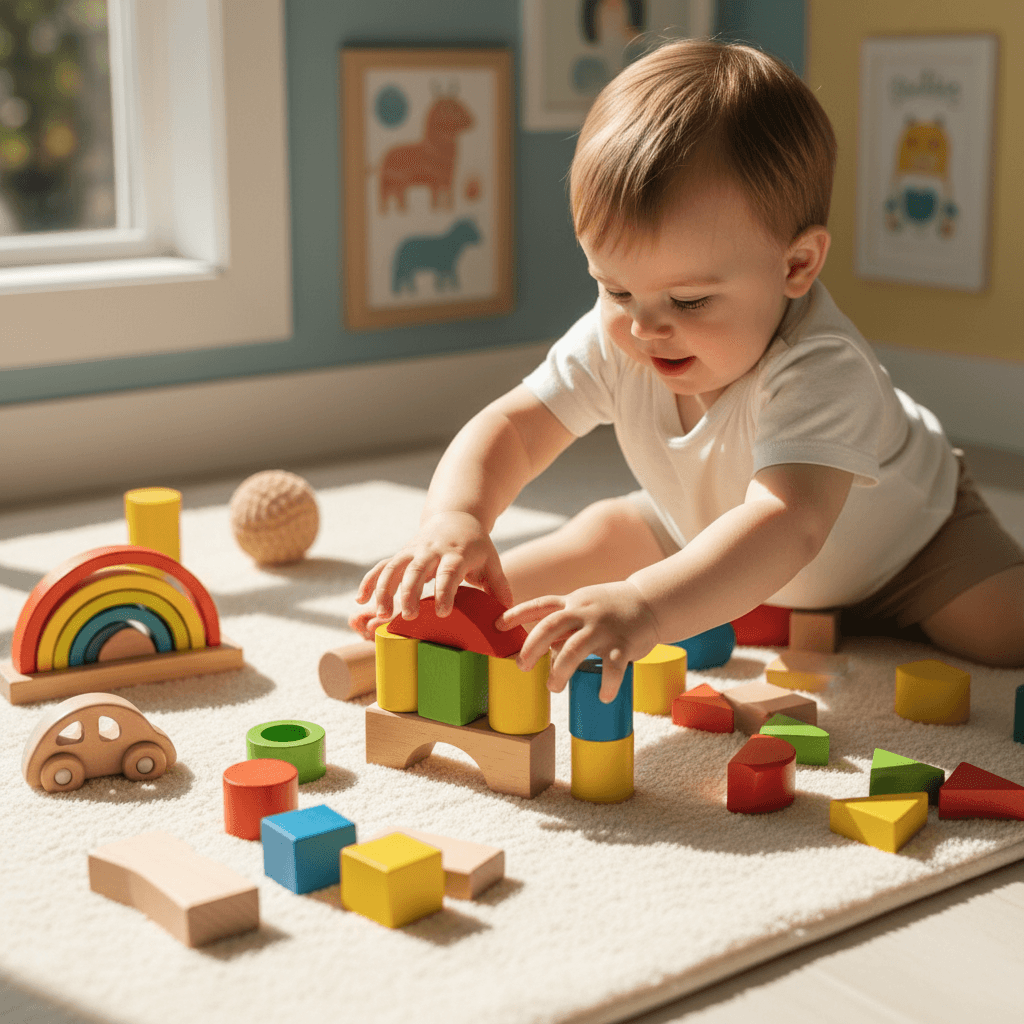 Toddlers playing with colorful blocks in a bright daycare playroom