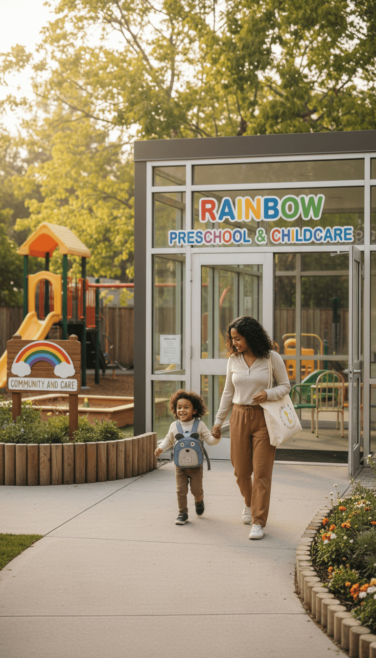 Parent and child meeting with a caregiver during a daycare tour