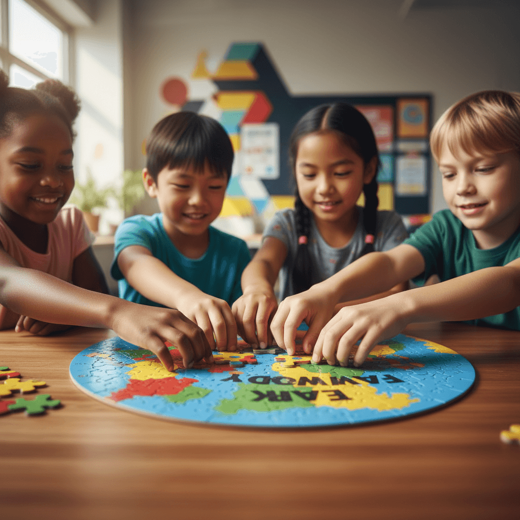 Toddler concentrating on a simple wooden puzzle at daycare