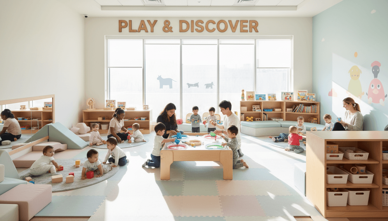 Bright, clean daycare playroom with soft mats, shelves of toys, and natural light