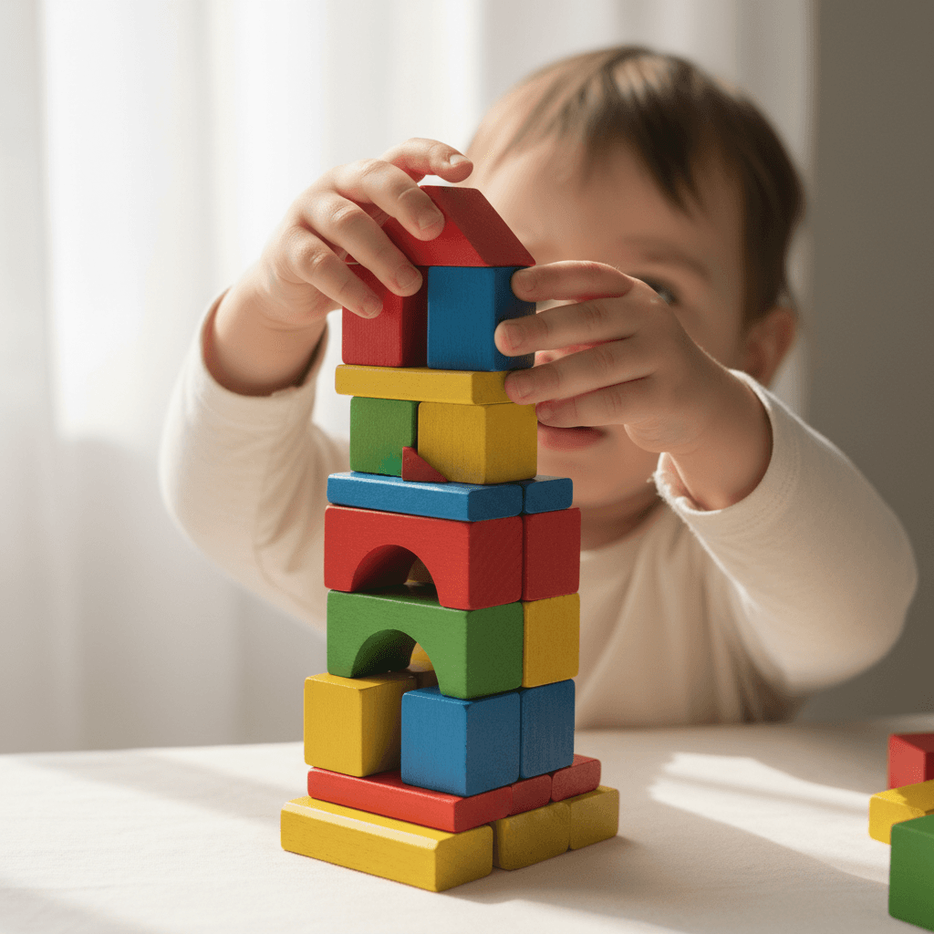 Preschooler building with colorful blocks at a low table