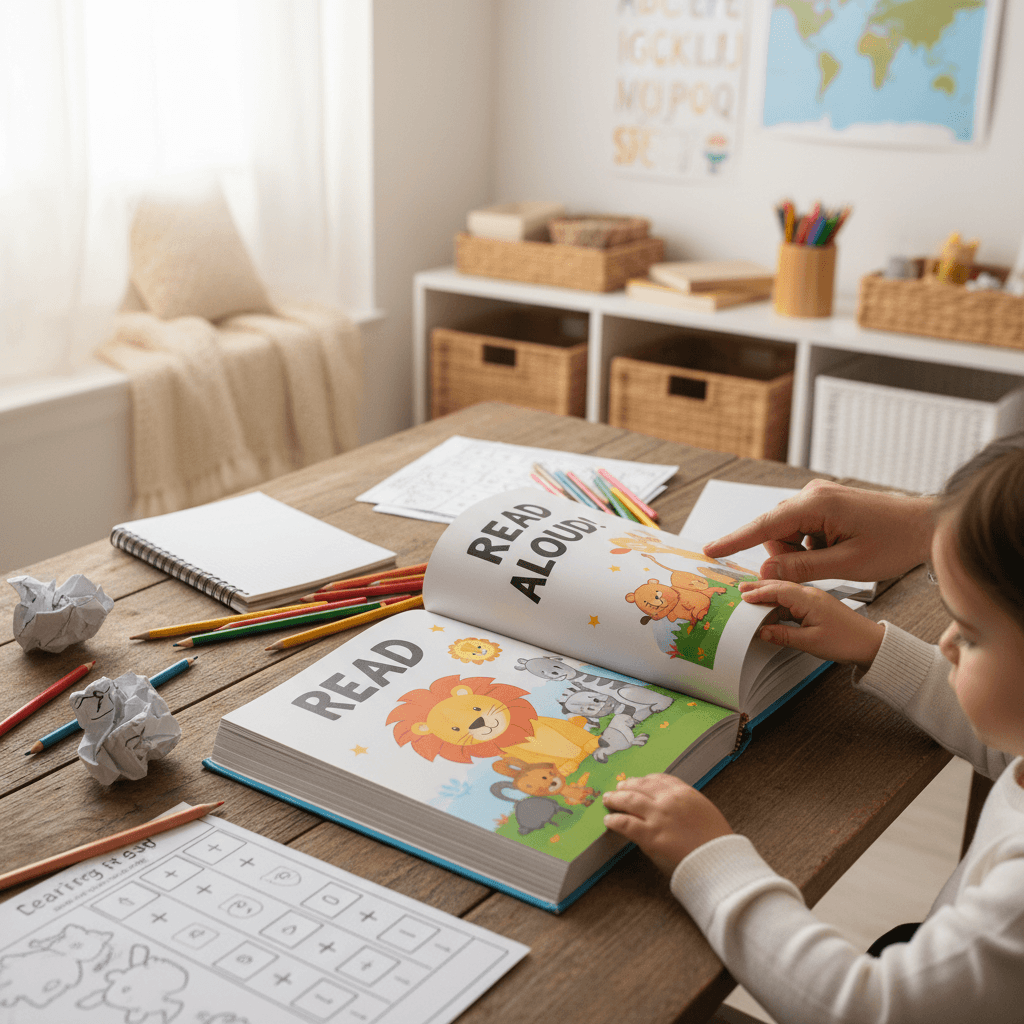 Teacher reading a book with children in a bright daycare room
