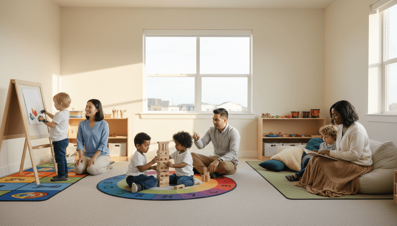 Children playing with colorful blocks in a bright daycare classroom